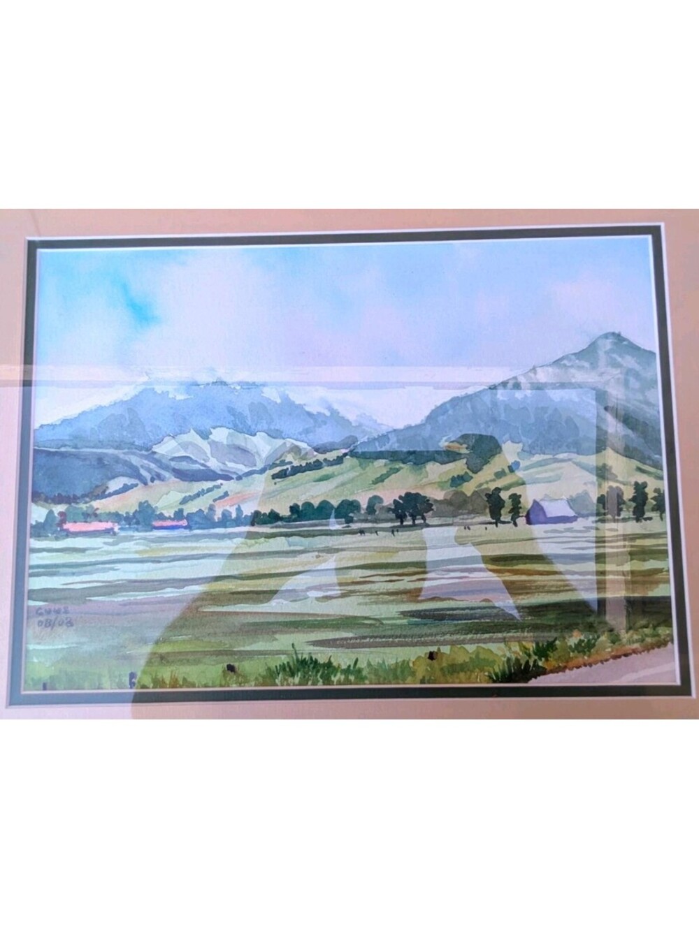 Signed Art Guus Mountain Landscape Watercolor, Matted & Framed 25.5x19.5